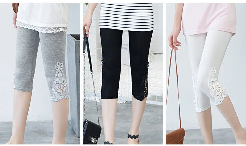 Women's Lace Trim Capri Leggings – High Waist Stretch 3/4 Length Cropped Leggings Bazaare Mart Capris Leggings