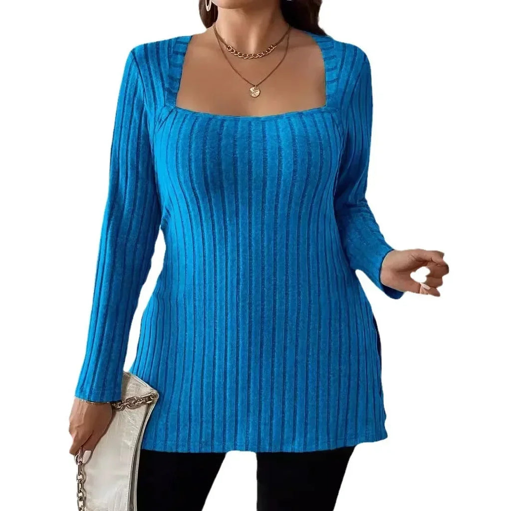 Plus Size New Autumn and Winter 1XL-5XL Women's Fashion Solid Color Sweater Ladies Square Neck Long Sleeved Casual Top Bazaare Mart