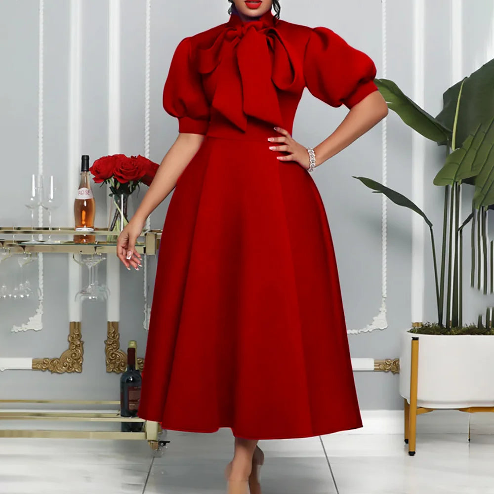 Elegant Solid Color Bow Short Puff Sleeve Full Skirt Midi Dress