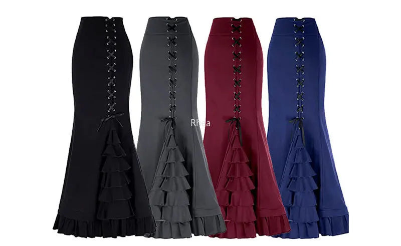 Vintage Steampunk Mermaid Maxi Skirt Bazaare Mart Gothic Vintage Victorian Steampunk Lace-Up Maxi Skirt
