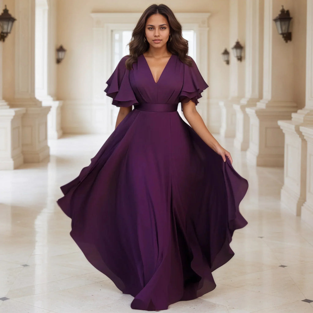 Purple Chiffon Ruffle Half Sleeve V-Neck Evening Dress PURPLE Bazaare Mart Purple Ruffle Half Sleeve V-Neck Evening Dress