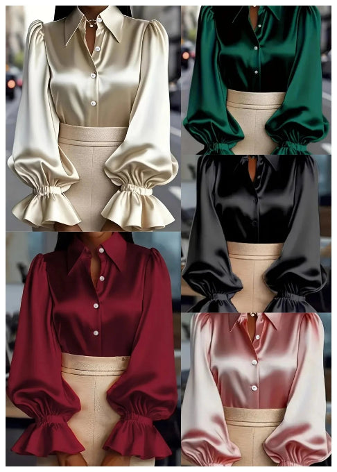 Fancy Satin Ruffled Cuff Long Puffed Sleeves Bazaare Mart Long Sleeve Button Up Blouse