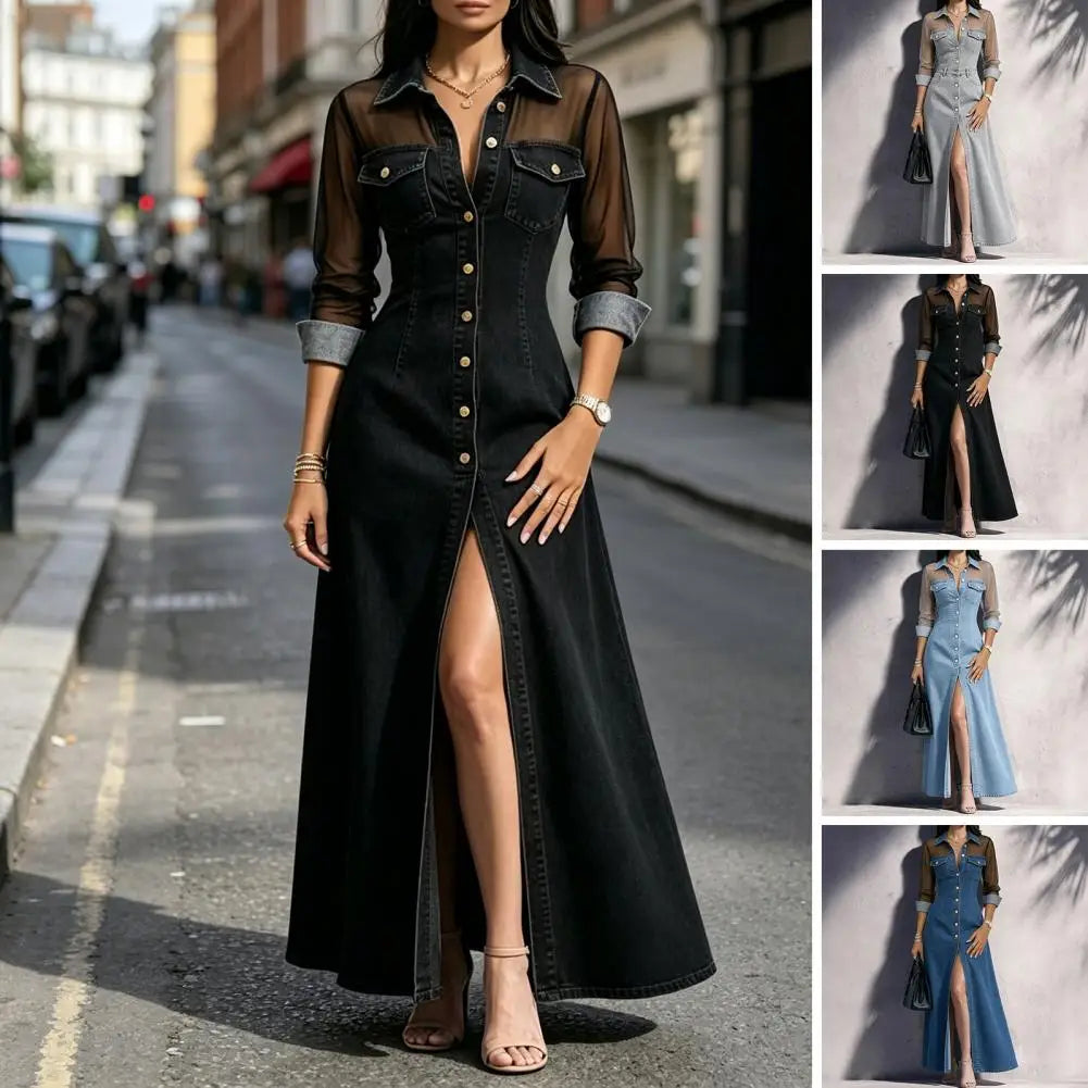 Faux Denim Maxi Dress with Sheer Mesh Sleeves and High Slit