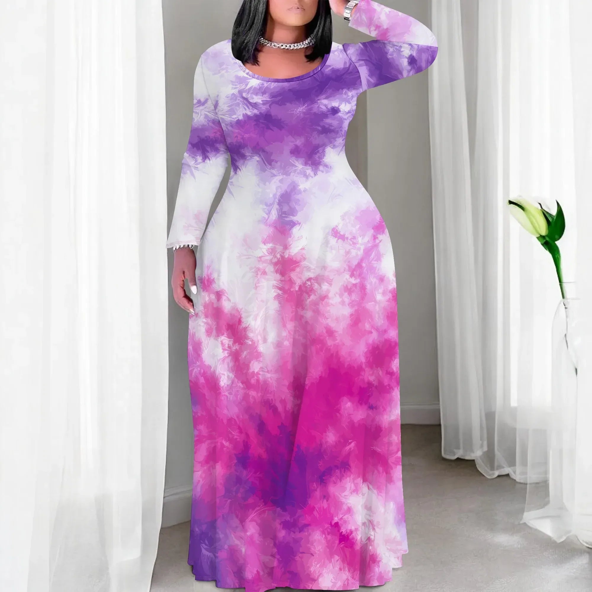 Tie Dye Print Scoop Neck Long Sleeve Maxi Dress Bazaare Mart Tie Dye Print Scoop Neck Long Sleeve Maxi Dress