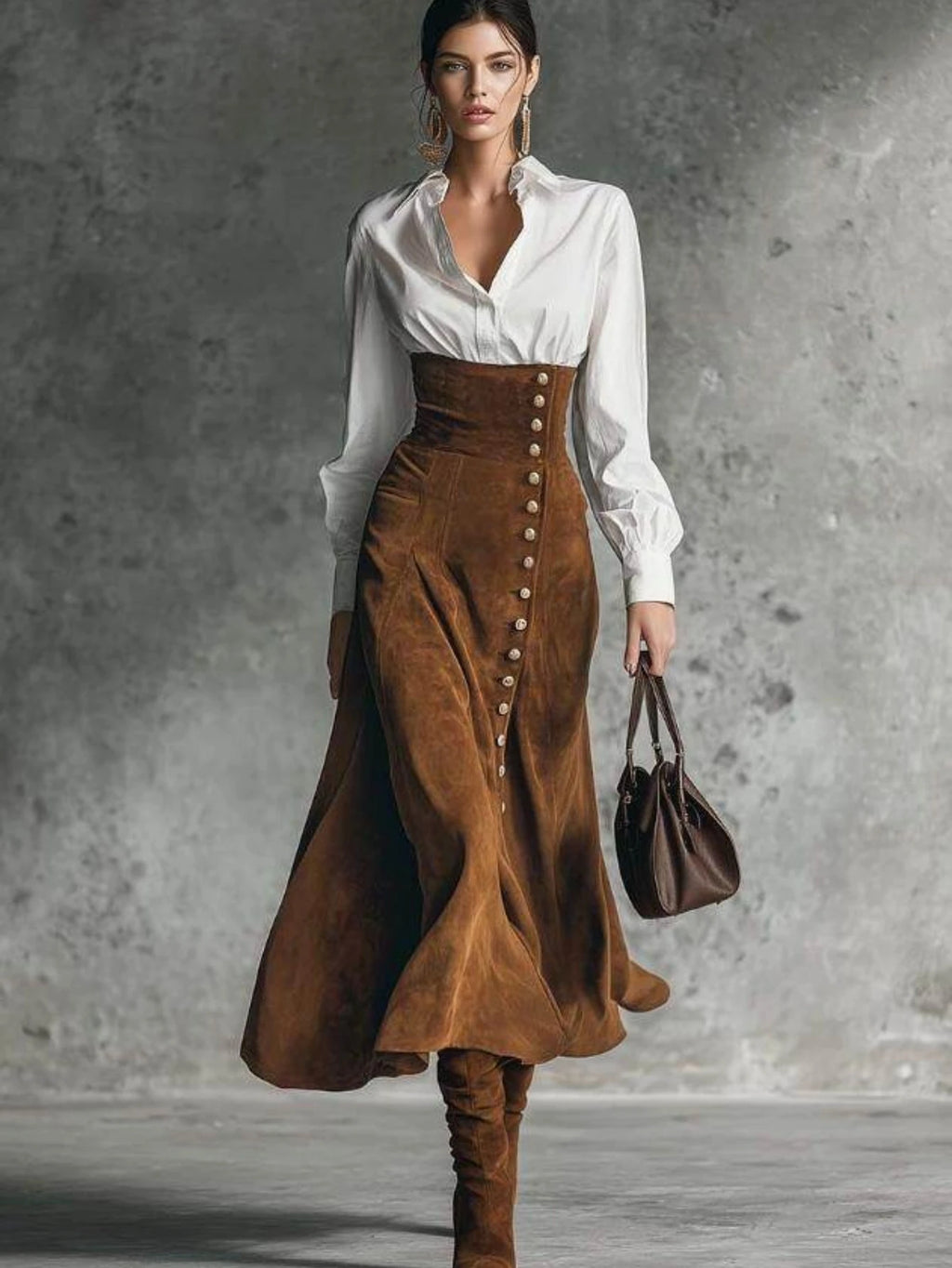 A model walks against a textured gray studio backdrop wearing a white button-down shirt, a high-waisted brown suede-like skirt with front buttons, and brown knee-high boots, while carrying a dark brown handbag.