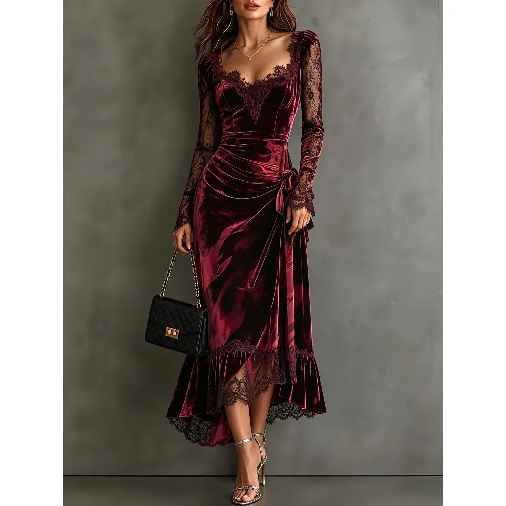 Burgundy Velvet Lace-Trim Fishtail Midi Dress