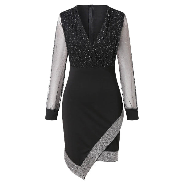 Deep V-neck Glitter Patchwork Asymmetric Dresses