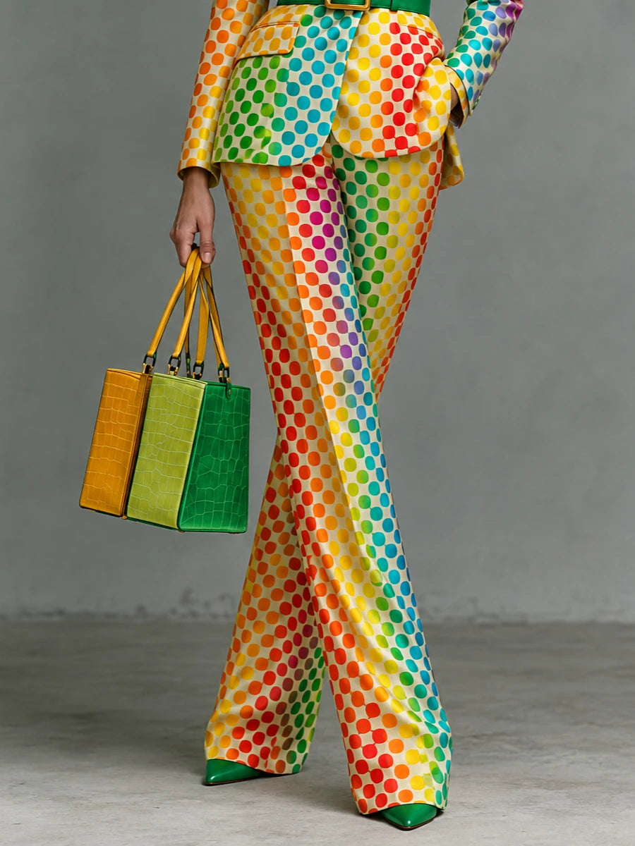 Rainbow Polka Dot Wide-Leg Pants – High-Waisted Statement Pants