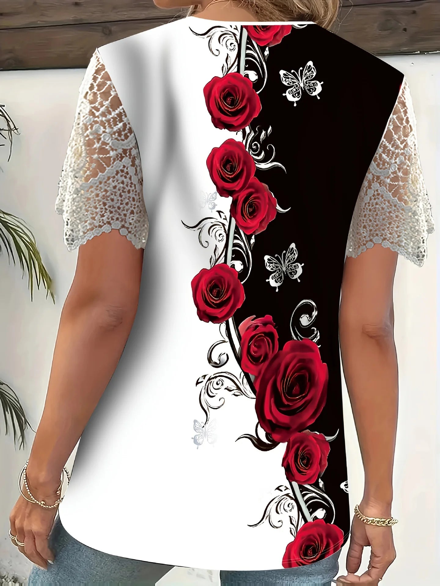 Women's Boho Floral Lace Sleeve Blouse – V-Neck Loose Fit Casual Top Bazaare Mart Short Lace Sleeves V-Neck Top