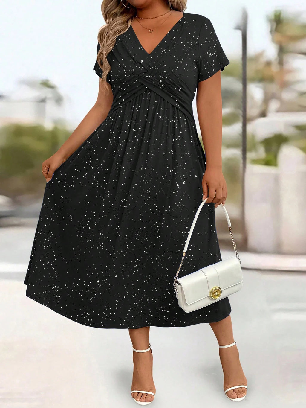 Powder Sprinkled Twisted Knot with Pockets V-neck Dress Bazaare Mart Plus Size Short Sleeve Midi Dress