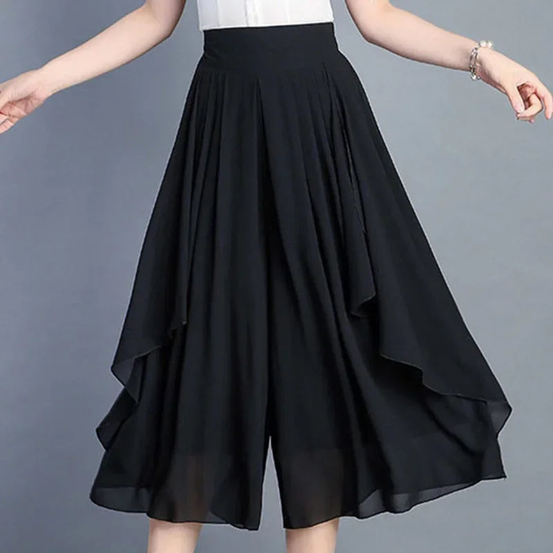 Elegant Solid Color Loose Elastic High Waist Folds Ruffles Capris Women's New Office Lady Commute Irregular Casual Pants Bazaare Mart