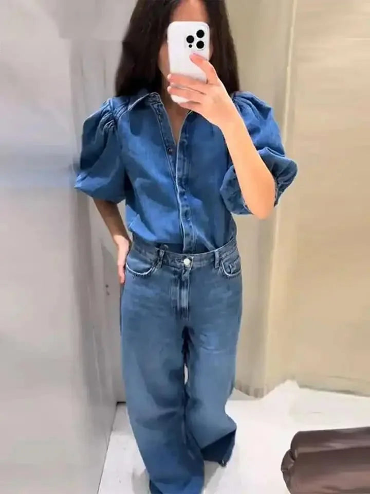 Denim Puff Sleeve Shirt & Wide Leg Jeans