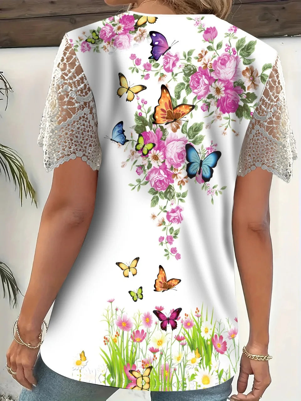 Women's Boho Floral Lace Sleeve Blouse – V-Neck Loose Fit Casual Top Bazaare Mart Short Lace Sleeves V-Neck Top