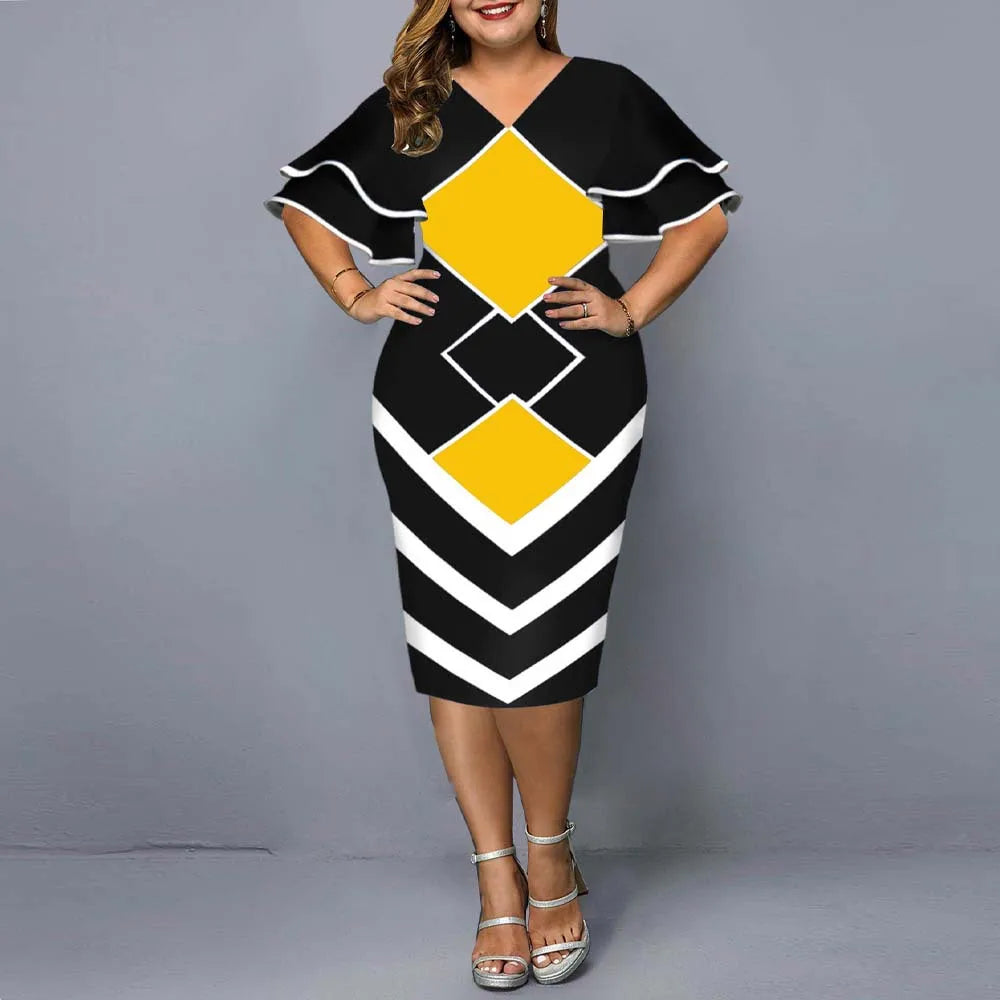 Yellow & Black Plus Size Elegant Print Party Dress