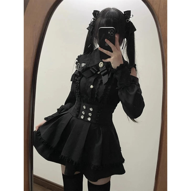 Jirai kei Shirt JK Skirt Japanese Style Lolita Y2K Sweet School Uniform Blouse Top Dress Darkness Outfit Women Girls Theme Party Black Set Bazaare Mart
