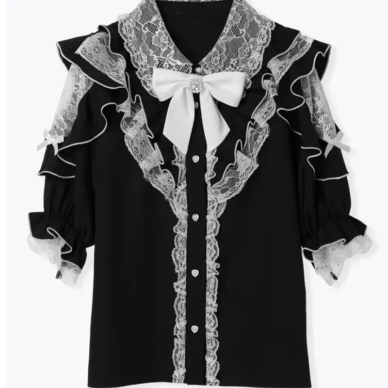 Women's Kawaii Lolita Blouse – Japanese-Inspired Peter Pan Collar Shirt with Lace & Bow Details Bazaare Mart Blouse