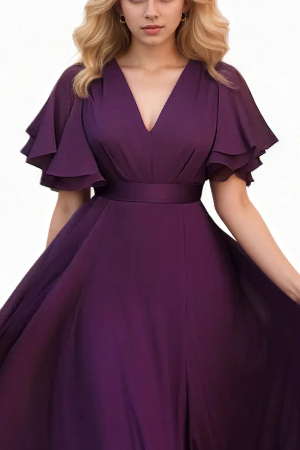 Purple Chiffon Ruffle Half Sleeve V-Neck Evening Dress Bazaare Mart Purple Ruffle Half Sleeve V-Neck Evening Dress