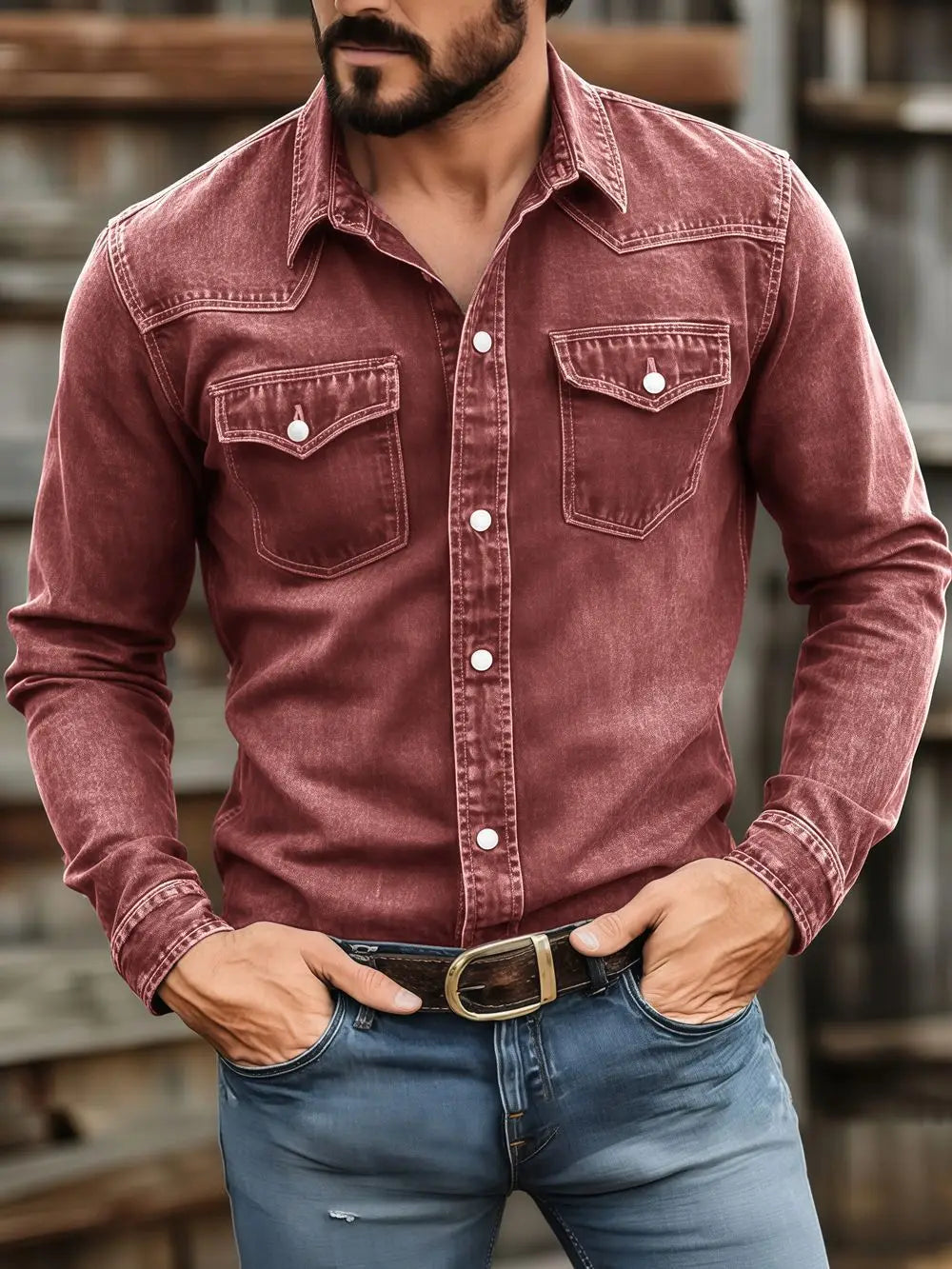 Men's Vintage Washed Denim Button Up Shirt