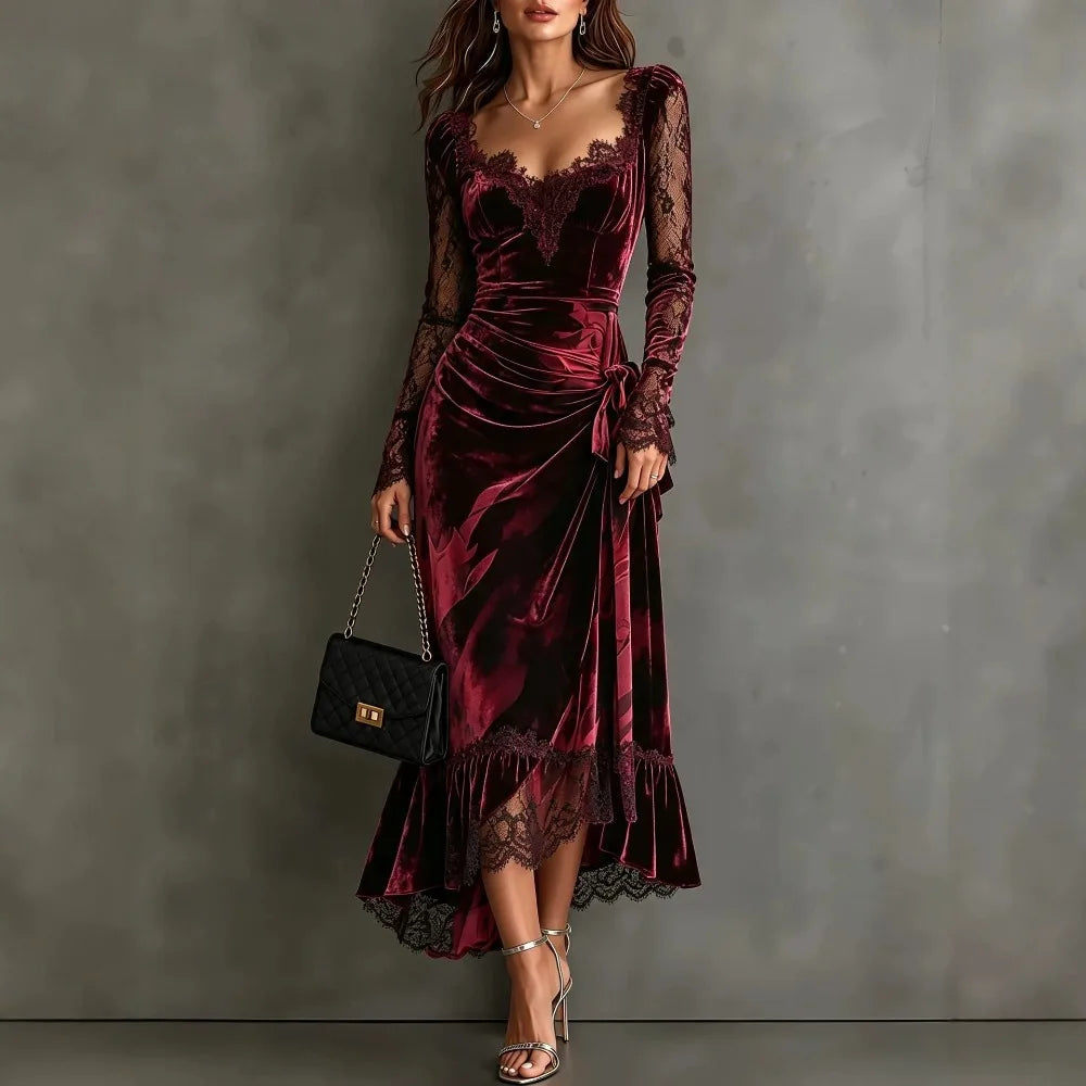 Burgundy Velvet Lace-Trim Fishtail Midi Dress