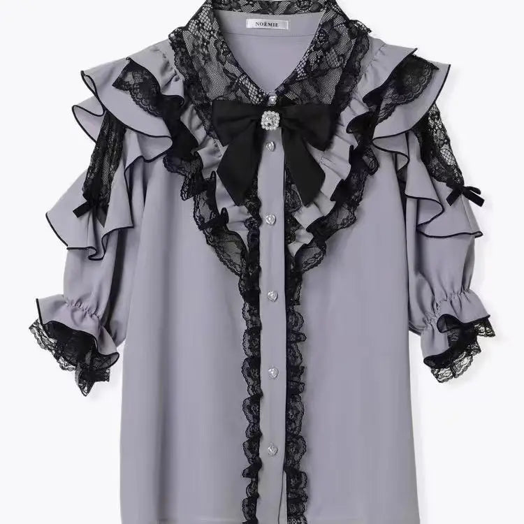 Dark Sweet Heart Ground Type Lolita Set, Ruffle Sleeve Top & A-line Skirt, Cute Kawaii Japanese Style Gothic Coord Outfit S-XL short sleeve shirt14 Bazaare Mart