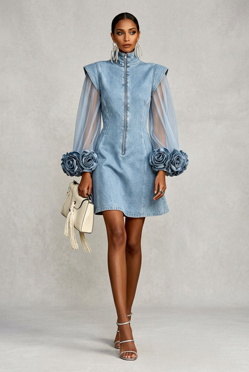 Light Blue Denim Mini Dress – Sheer Mesh Sleeves &amp; 3D Rose Cuffs