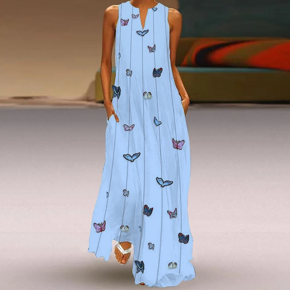 Women's Retro Boho Maxi Dress – Sleeveless V-Neck Summer Beach Dress with Pockets Bazaare Mart Maxi Sundress
