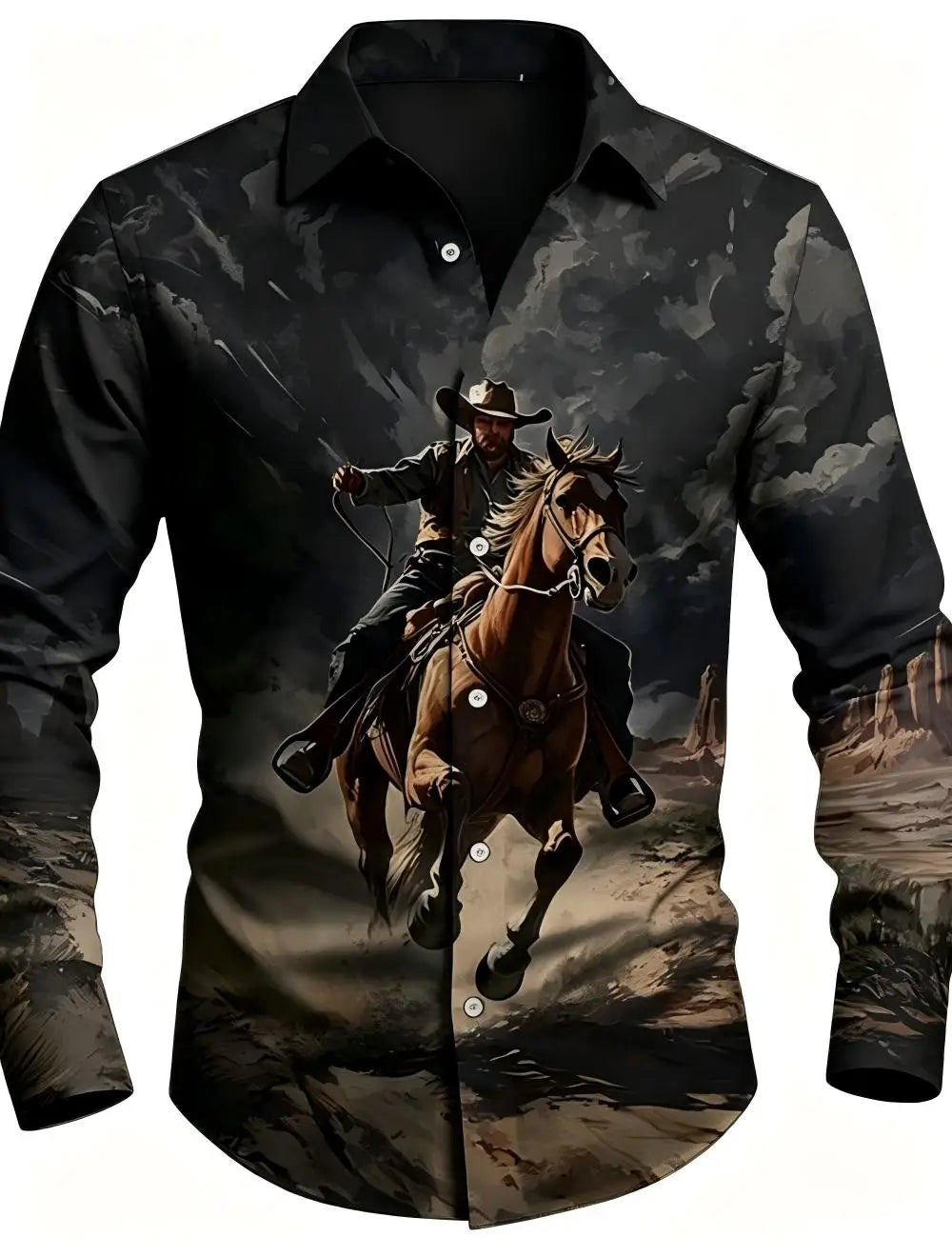 Men's Western Cowboy Riding Shirt – 3D Printed Long Sleeve Button-Up