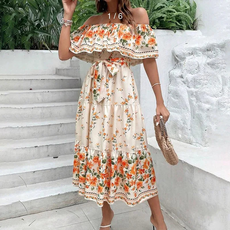 Off-shoulder Long Ruffled Peasant Dress