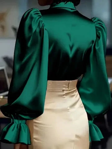 Fancy Satin Ruffled Cuff Long Puffed Sleeves Bazaare Mart Long Sleeve Button Up Blouse