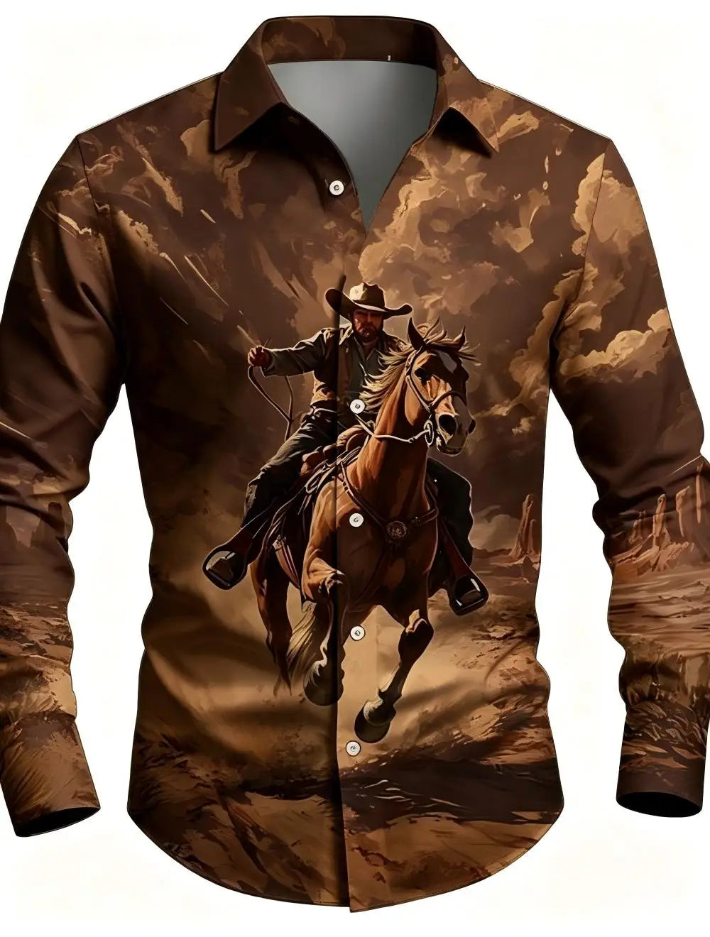 Men's Western Cowboy Riding Shirt – 3D Printed Long Sleeve Button-Up