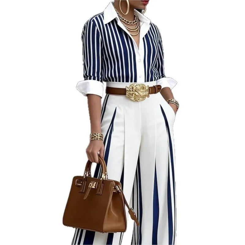 Striped Two-Piece Set – Button-Up Shirt & Wide-Leg Pants