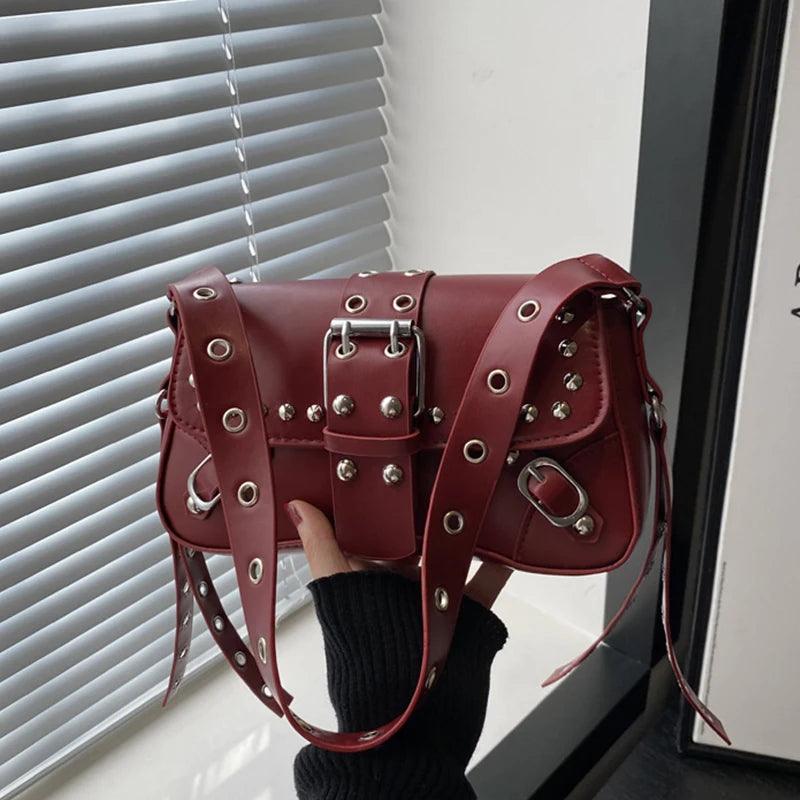 Studded Baguette Shoulder Bag – Faux Leather Punk Rock Shoulder Purse with Buckle & Rivet Details red China Mainland Bazaare Mart Shoulder Purse