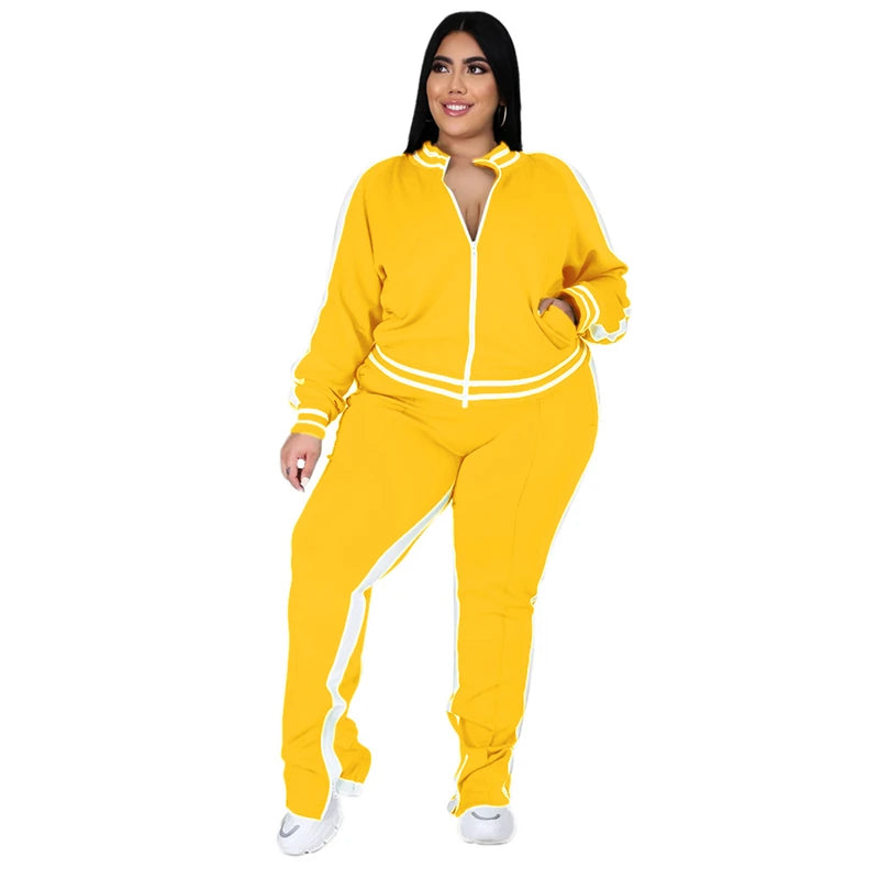 Plus Size Fluorescent Striped Cold Shoulder Tracksuit
