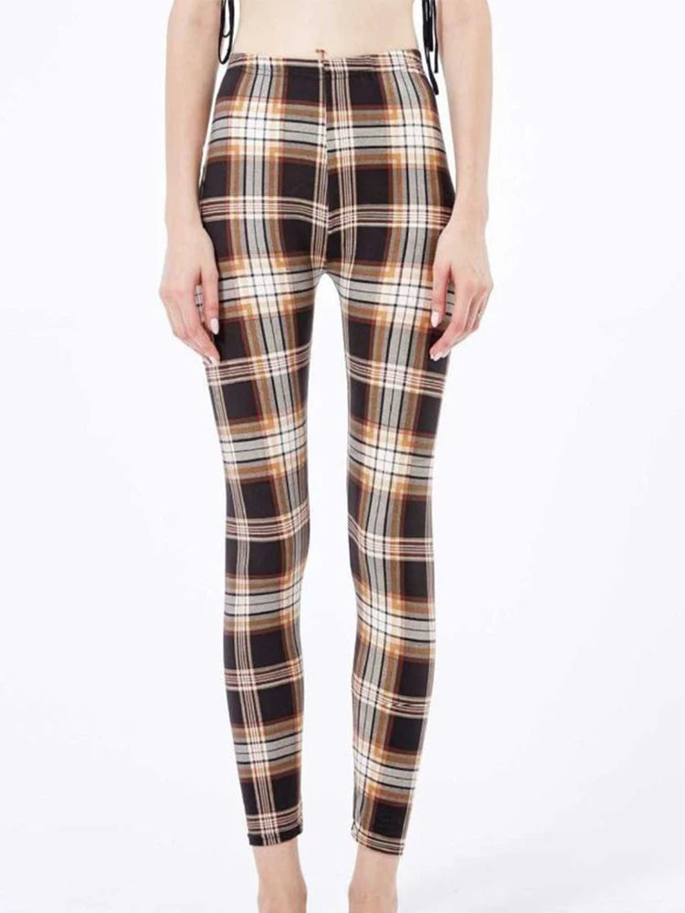 Women's Printed Leggings – Stretch Ankle-Length Fashion Leggings with Unique Pattern Designs Khaki White Grid Bazaare Mart Leggings