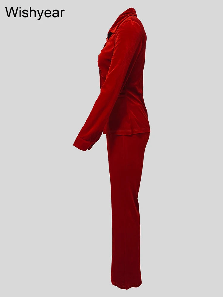 Red Long Sleeve Ruched Button Top and Flare Pants Set