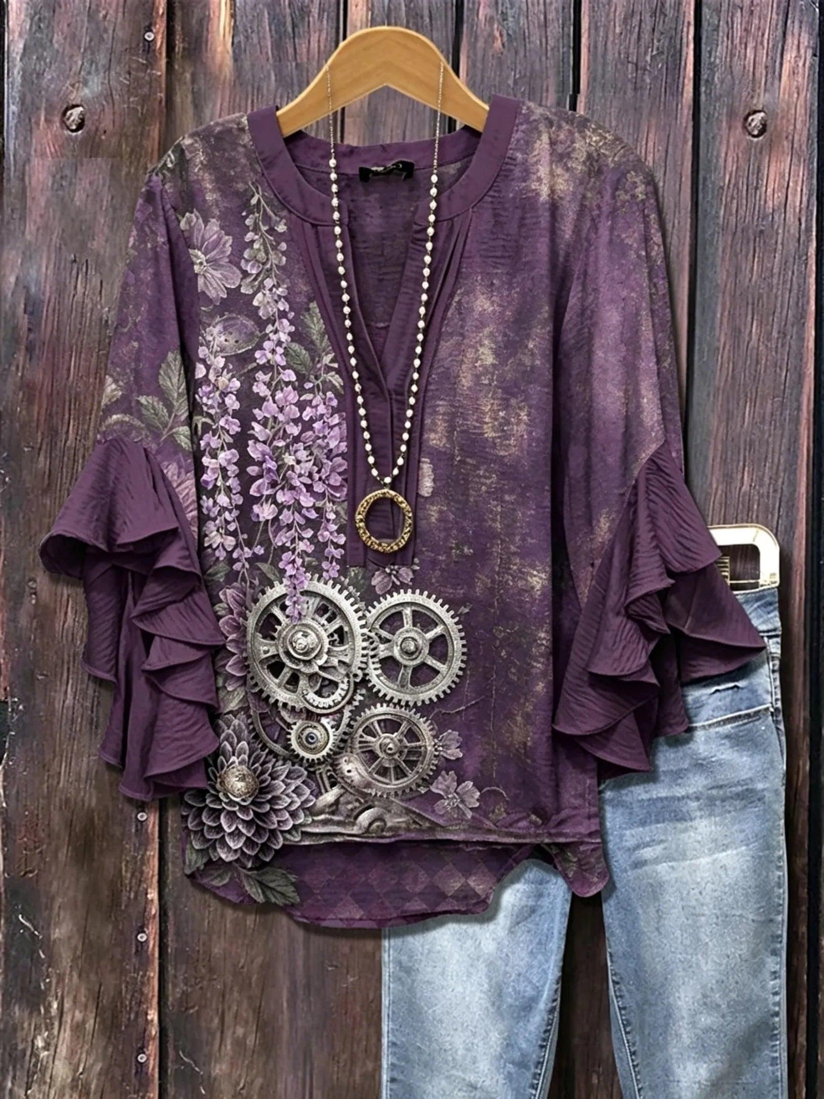 Women's Steampunk Floral Print V-Neck Ruffle Sleeve Blouse | Vintage Botanical Casual Top HCHLD20263019H Bazaare Mart Floral Blouse