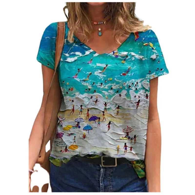 Women's Floral 3D Print V-Neck T-Shirt
