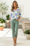 Women's Watercolor Floral Print Tie Neck Blouse – Ruffle Half Sleeve Casual Top NZHLE2026291C8 Bazaare Mart 1/2 Sleeve Paisley Blouse