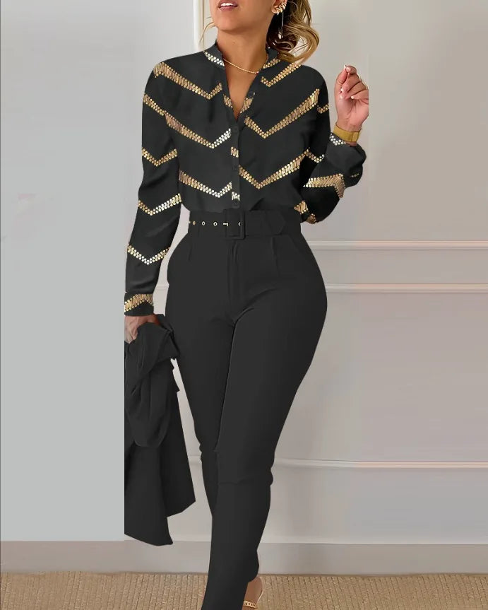Print Long Sleeve Shirt Matching Pants Sets With Belt
