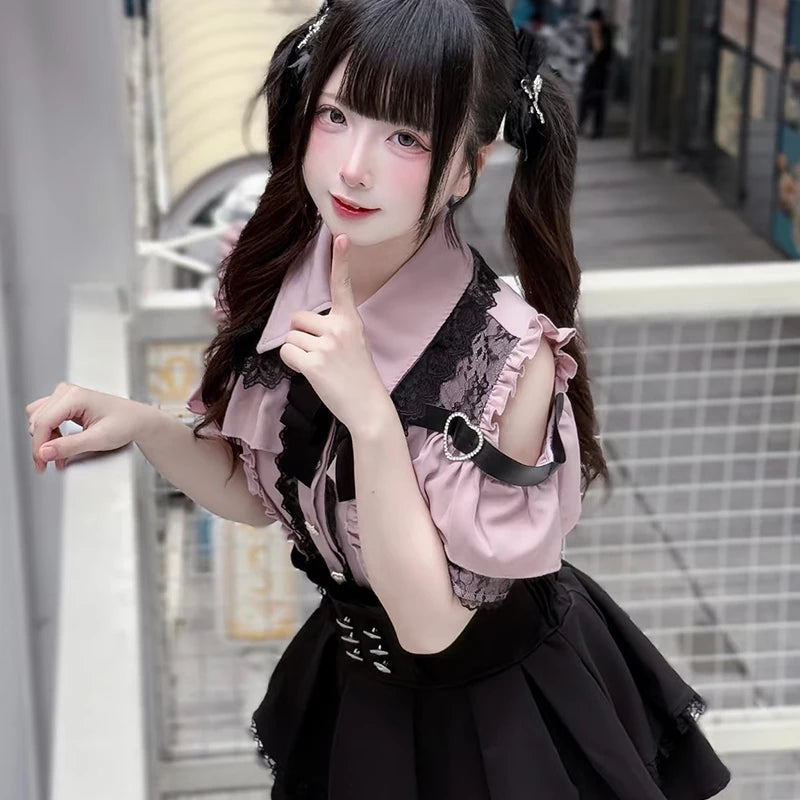 Women's Kawaii Lolita Blouse – Japanese-Inspired Peter Pan Collar Shirt with Lace & Bow Details Bazaare Mart Blouse