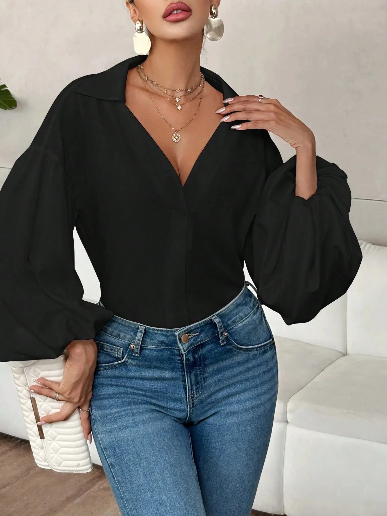 Boho Women's Blouses Spring Fall New Fashion French Polka Dot Half-neck Design Loose Puff Long-sleeve Top Casual Shirts Women Bazaare Mart