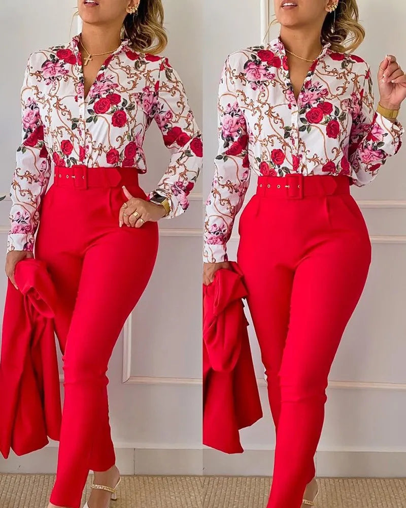 Print Long Sleeve Shirt Matching Pants Sets With Belt