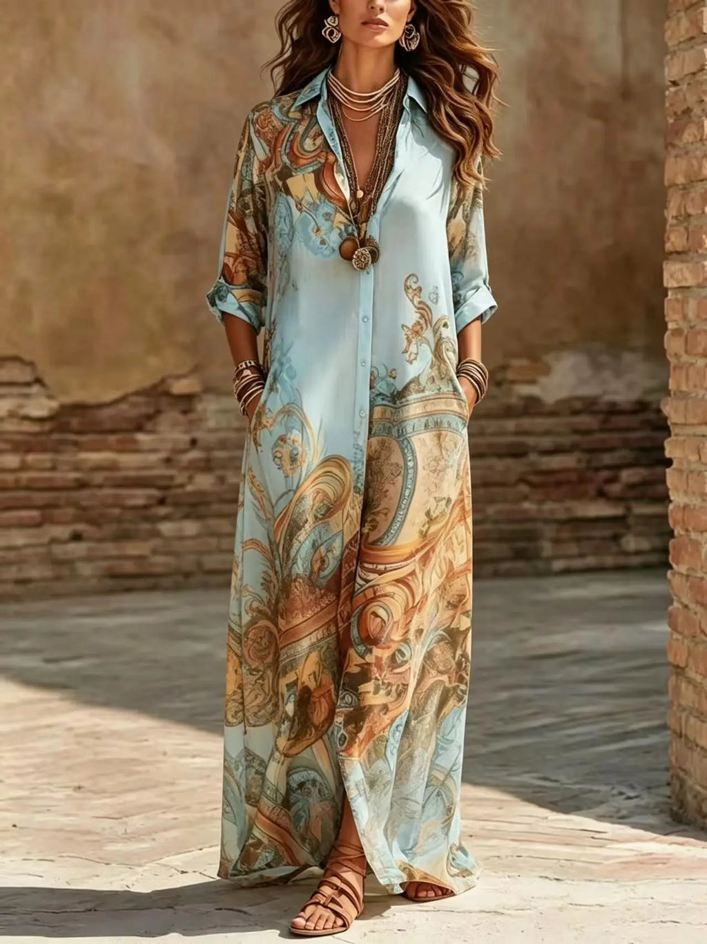 Elegant Printed Chiffon Maxi Shirt Dress