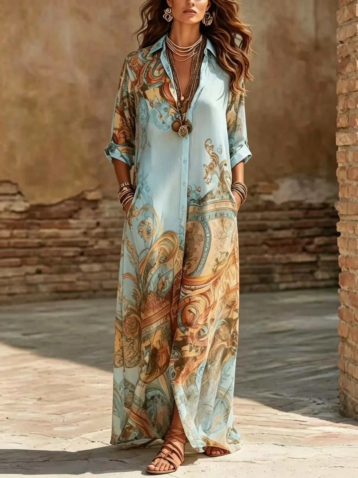 Elegant Printed Chiffon Maxi Shirt Dress