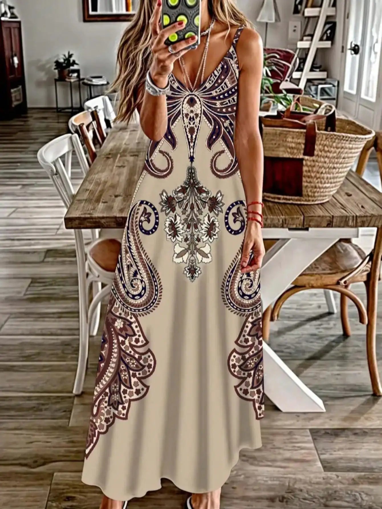 Bohemian Floral Maxi Dress – Elegant V-Neck Vacation Sundress for Women Khaki Bazaare Mart Sleeveless Maxi Dress