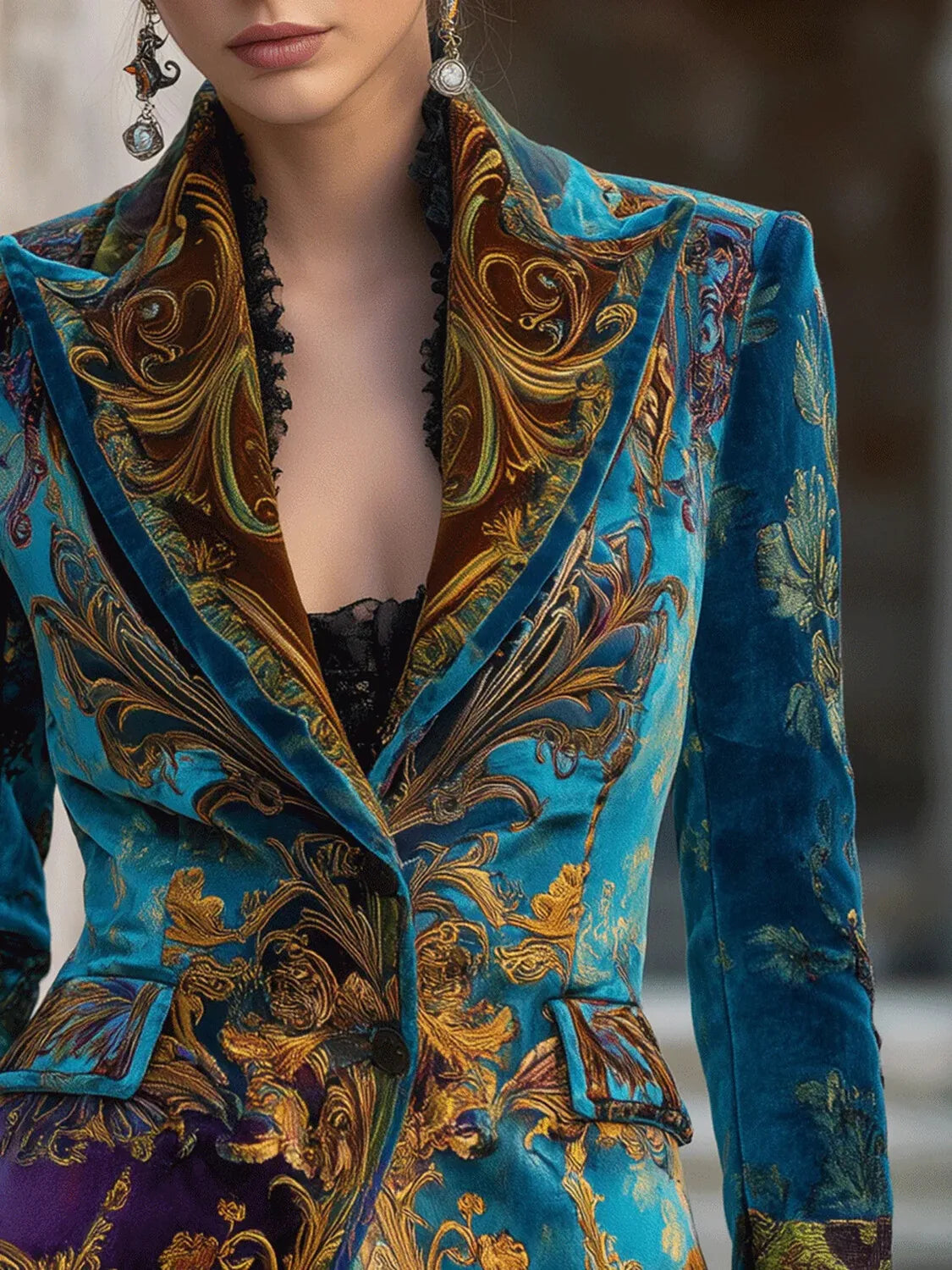 Vintage Peacock Blue & Gold Gilded Baroque Velvet Blazer