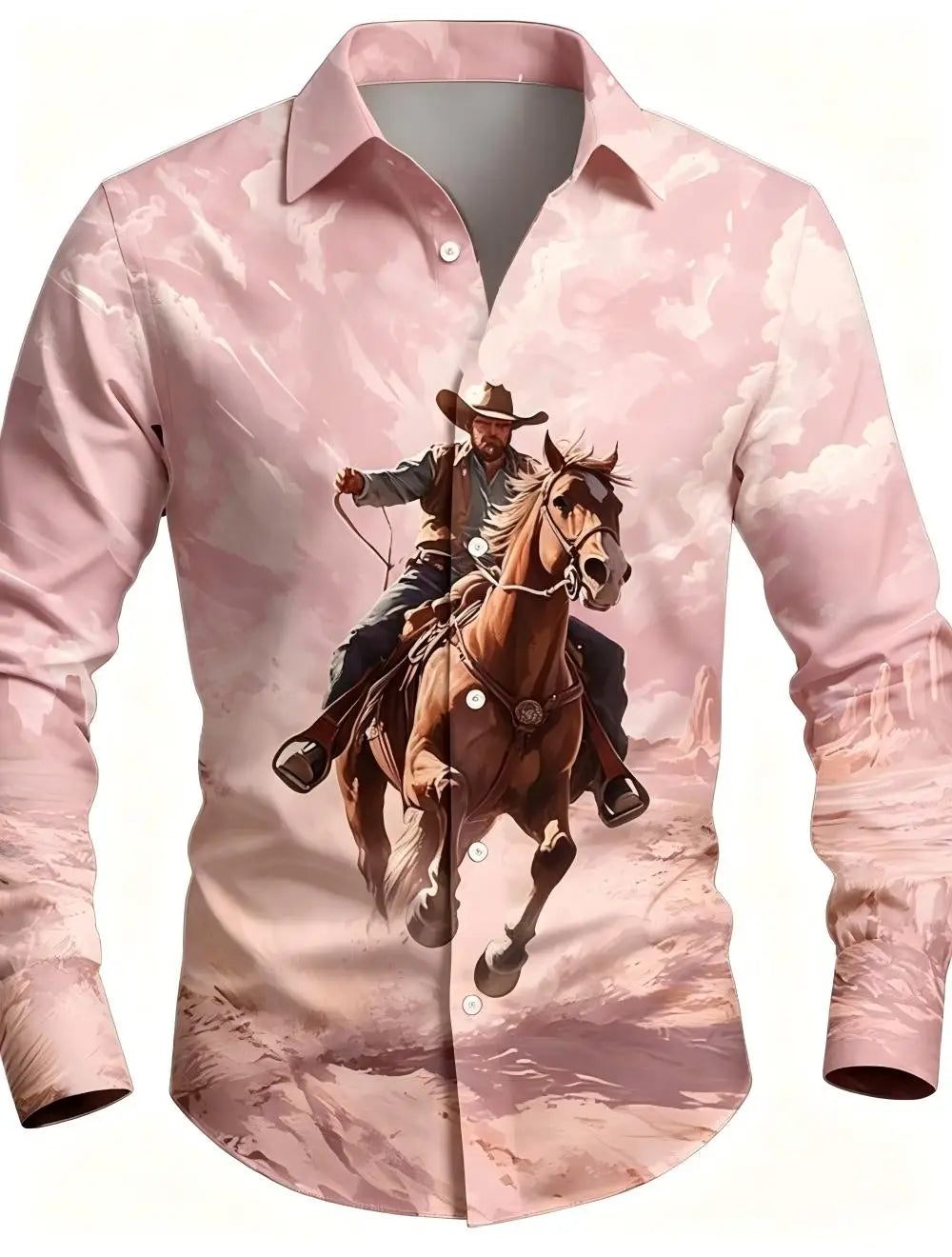 Men's Western Cowboy Riding Shirt – 3D Printed Long Sleeve Button-Up