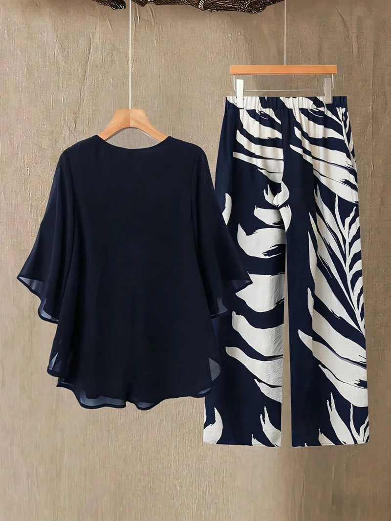 Women's Chiffon Overlay Top & Tropical Leaf Print Wide Leg Pants 2 Piece Set | Elegant Summer Resort Outfit Bazaare Mart 2 pc. Pants Outfit