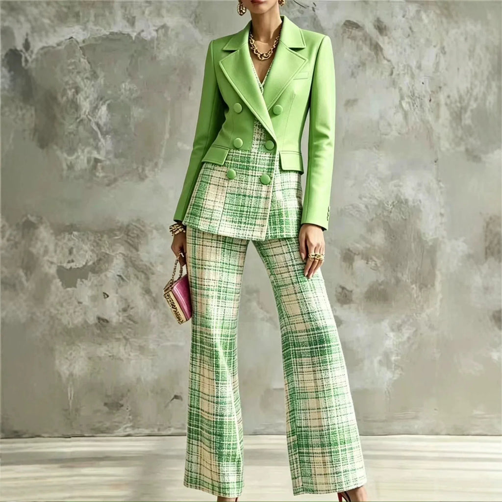 PU Leather Blazer & Plaid Flare Pants Set