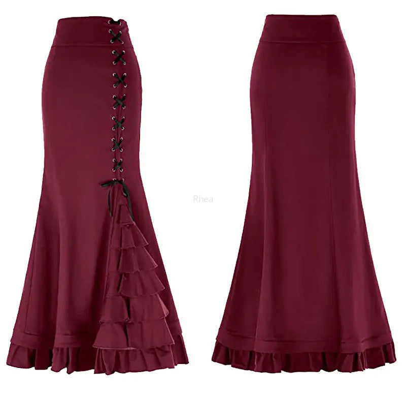 Vintage Steampunk Mermaid Maxi Skirt Bazaare Mart Gothic Vintage Victorian Steampunk Lace-Up Maxi Skirt